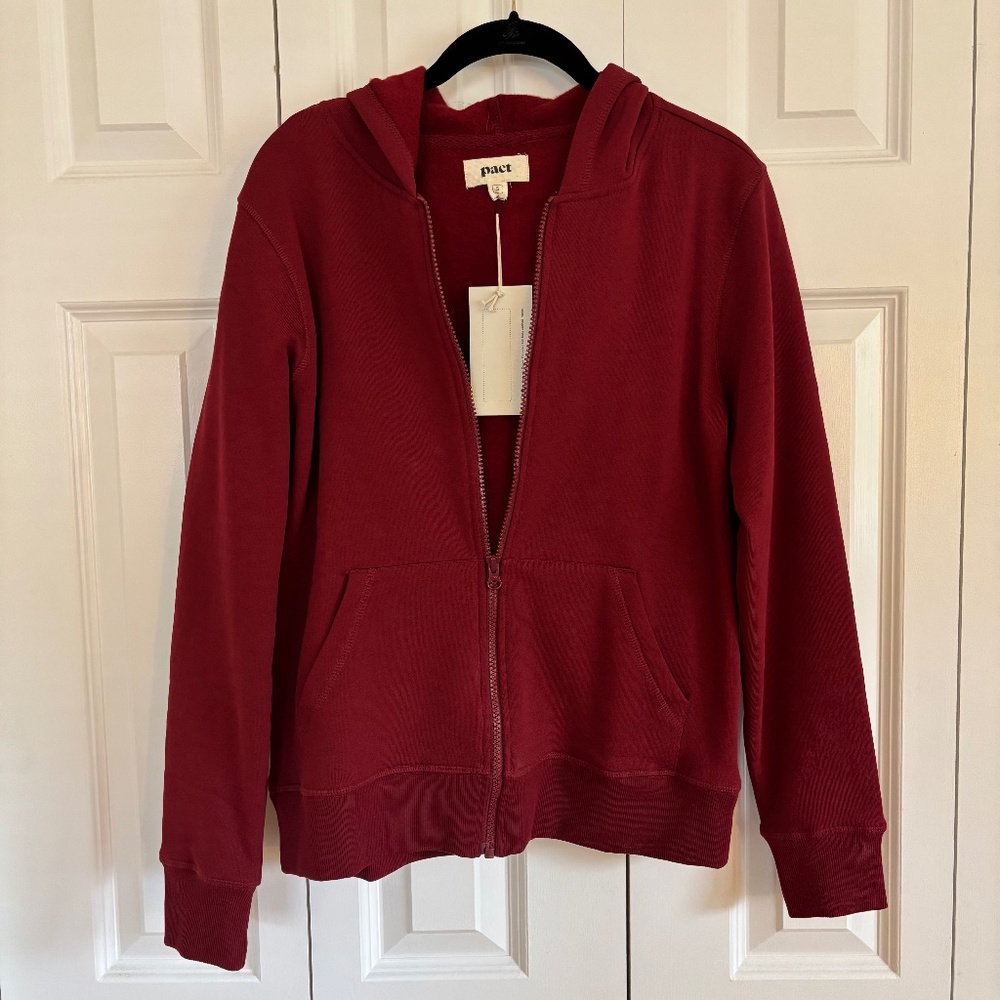 Pact Hoodie zip up fleece sweat shirt BNWT Merlot Red 100% organic cotton size S